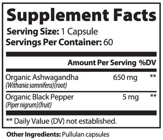 Organic Ashwagandha with black pepper-30 day supply